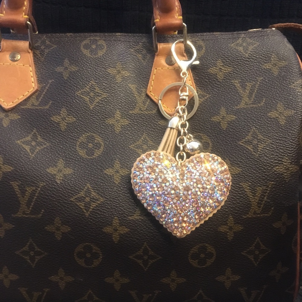 Purse double BLING champagne diamond  heart charm gold clip on bag very Sparkly